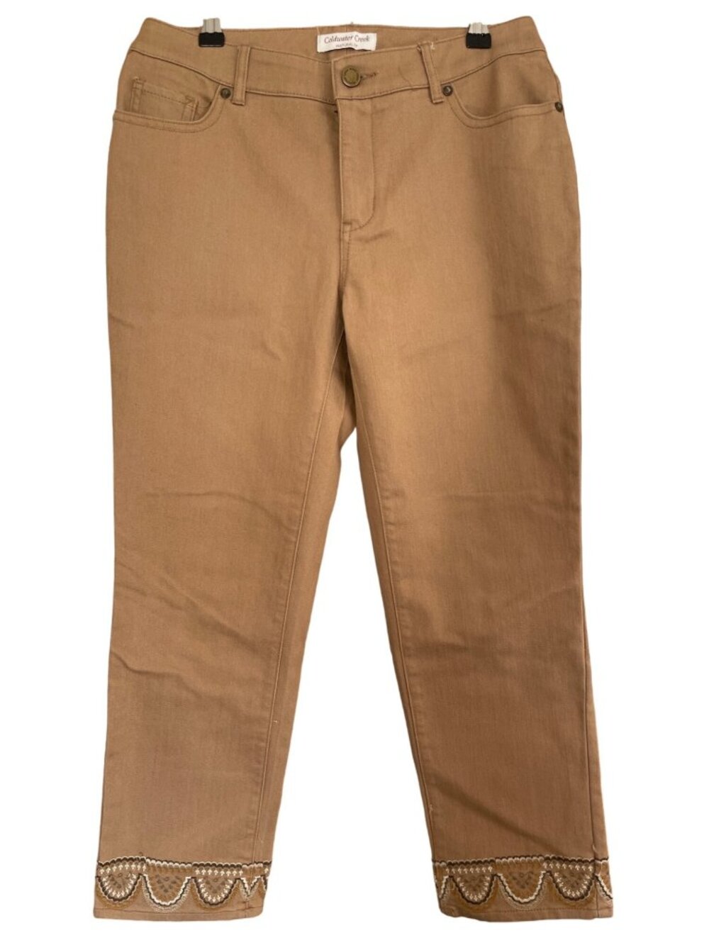 Coldwater Creek Size 4 Natural Fit Tan Chino Pants Embroidered Hem Boho Casual